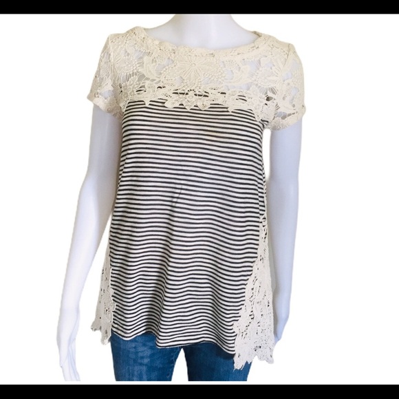 MEADOW RUE (Anthro) Stripe Top With Crochet Front & Side Detail Navy Blue Sz XS - Picture 3 of 13